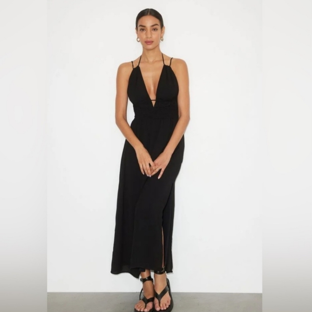 Elegant Deep V Black Maxi Dress